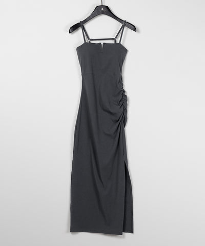 【 パッド付き 】バックストラップサイドシャーリングスリットロングキャミワンピース ／ back strap side shirring slit long cami onepiece