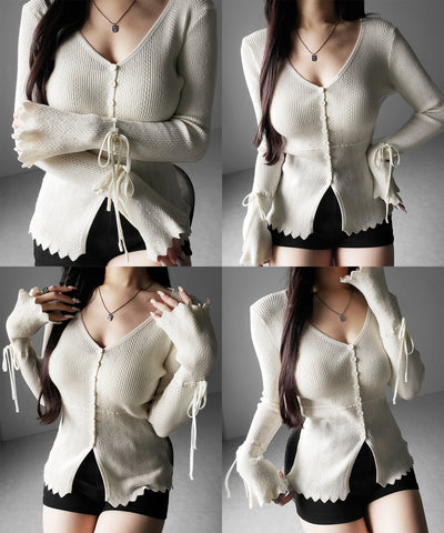 フレアリボンスリーブ透かし編みニットカーディガン ／ flare ribbon sleeve openwork knit cardigan