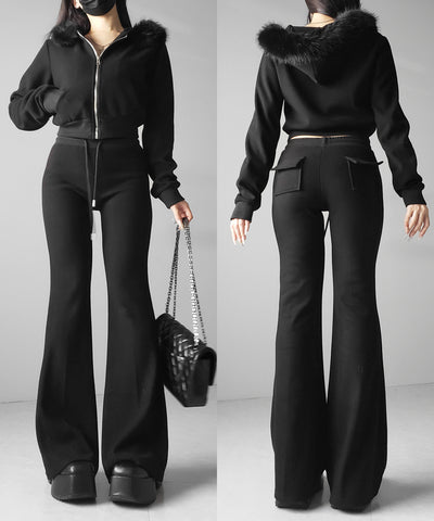 【 セットアップ 】ファーフードショートパーカー＆スウェットフレアパンツ ／ Fur short hoodie ＆ sweat flare pants SETUP