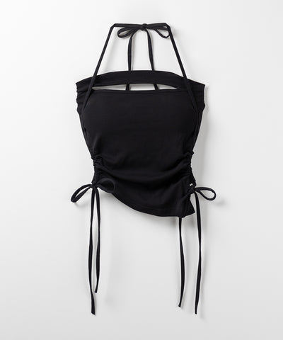 【 カップ付き ／ ２WAY 】クロスストラップリボンカットアウトショートキャミソール ／ cross strap ribbon cutout short camisole