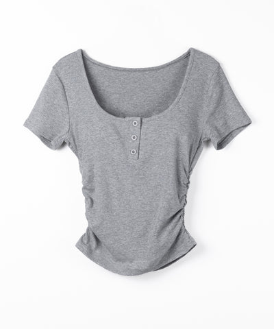 ヘンリーネックスクエアギャザー半袖Ｔシャツ ／henley neck square gather short sleeve T-Shirt