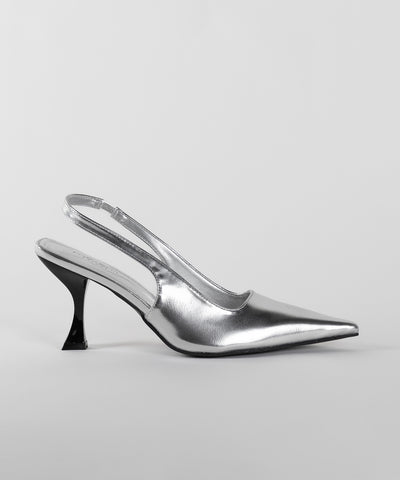 【 ２color 】ポインテッドトゥチャンキーヒールメタリックミュール ／ pointed toe chunky heel metallic mules