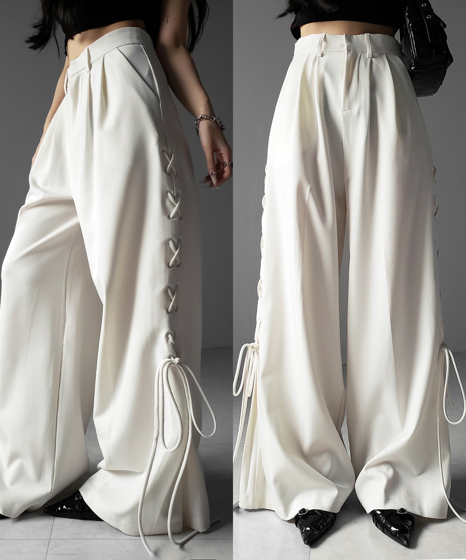 レースアップダブルタックワイドスラックス ／ laceup double tack wide slacks