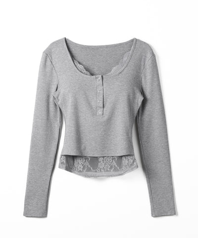 【 人気アイテムの長袖verが新登場！ 】レースレイヤードヘンリーネックスクエア長袖Ｔシャツ ／ lace layered henley neck square long sleeve T-shirt