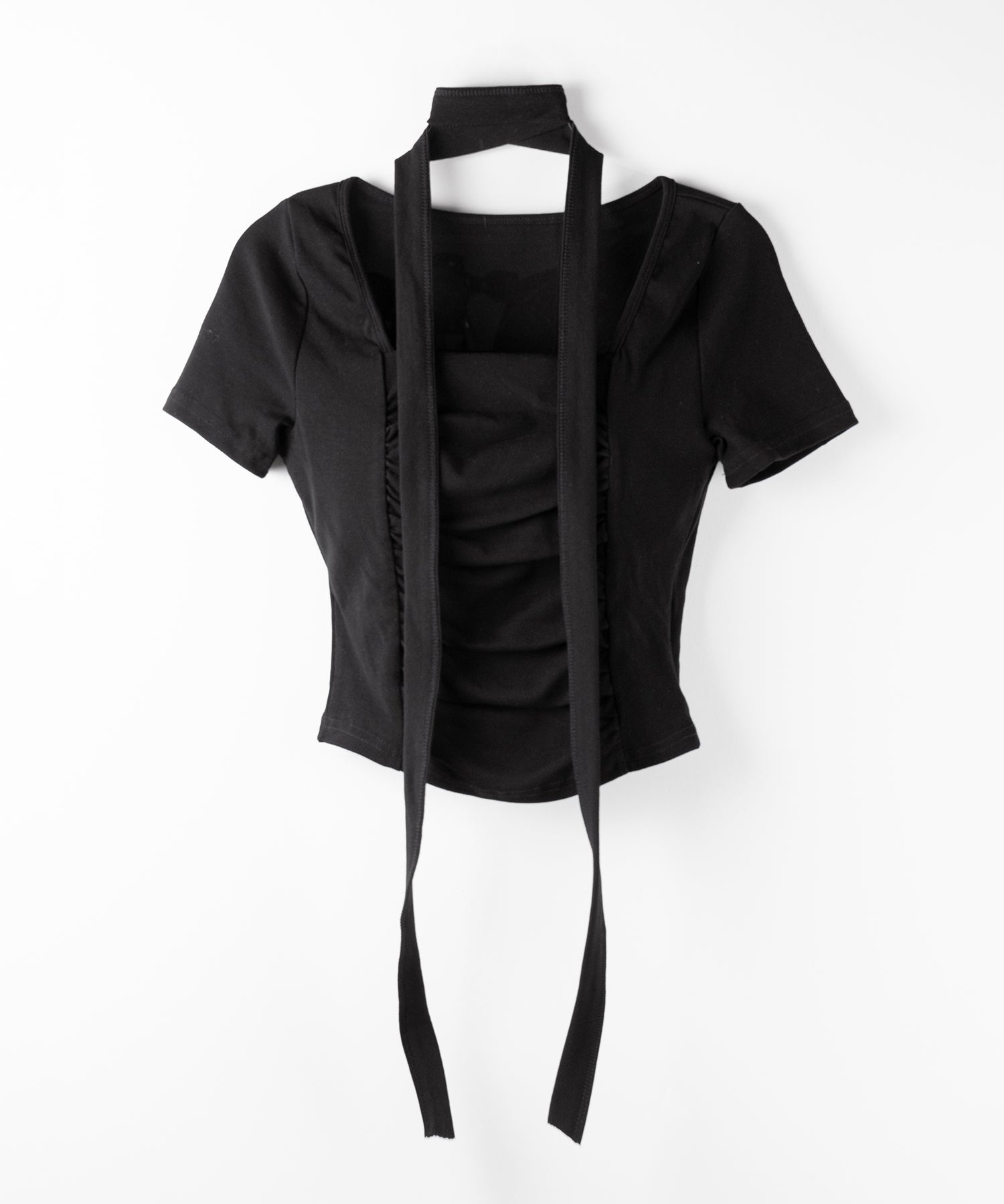 【 ２WAY 】チョーカーロングタイ付き スクエアネックギャザースリムＴシャツ ／ choker long tie SET square neck gather slim sleeve T-shirt