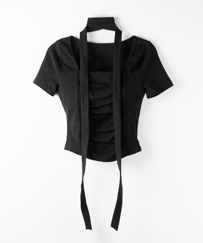 【 ２WAY 】チョーカーロングタイ付き スクエアネックギャザースリムＴシャツ ／ choker long tie SET square neck gather slim sleeve T-shirt