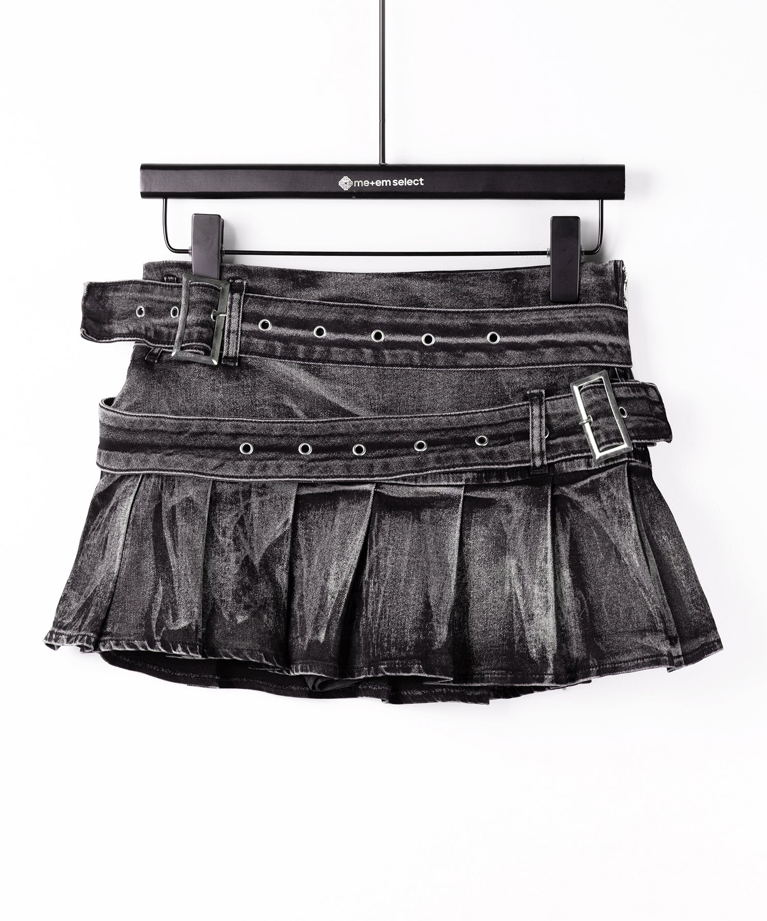 【 インパン裏地付 】ダブルベルトヴィンテージデニムプリーツミニスカート ／ double belt vintage denim pleats mini skirt