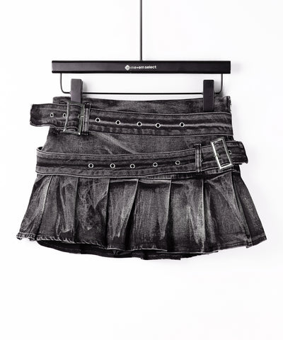 【 インパン裏地付 】ダブルベルトヴィンテージデニムプリーツミニスカート ／ double belt vintage denim pleats mini skirt