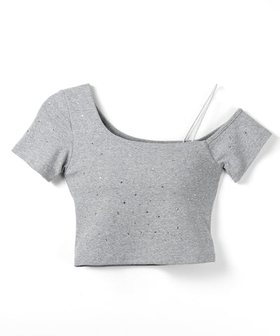 ラインストーンワンショルダーショートTシャツ ／ Rhine stone one shoulder short T-shirts