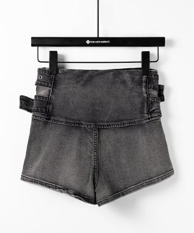 ダブルベルテッドマイクロミニデニムショートパンツ ／ double belted micro mini denim short pants