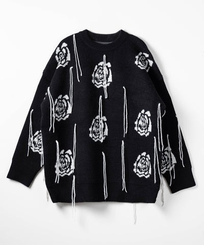 バラジャガードフリンジビッグシルエットニット ／ rose jacquard fringe big silhouette knit