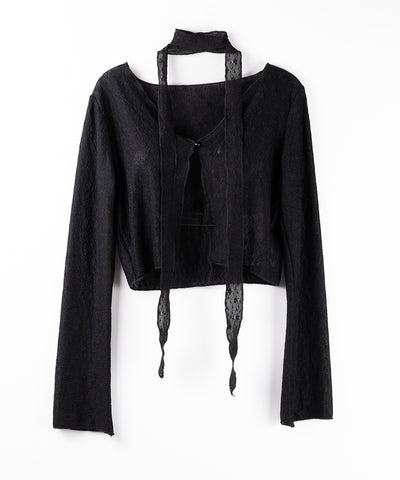 【 ２color ／ ２WAY 】チョーカーロングタイ付きショートシアーカーディガン ／ choker long tie set short sheer cardigan