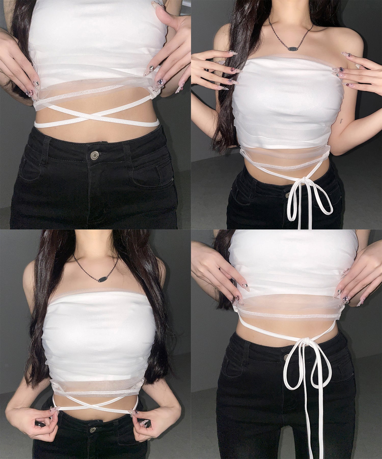 ウエストクロスチュールドッキングベアトップ ／ waist cross tulle docking bare top