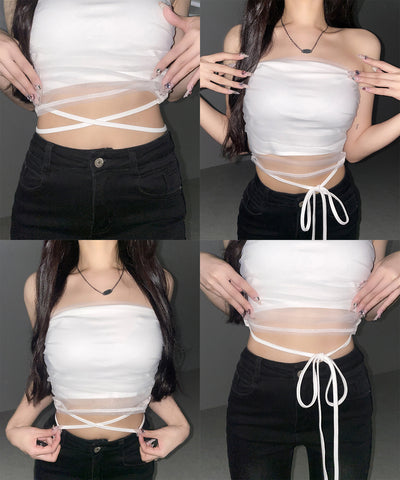 ウエストクロスチュールドッキングベアトップ ／ waist cross tulle docking bare top
