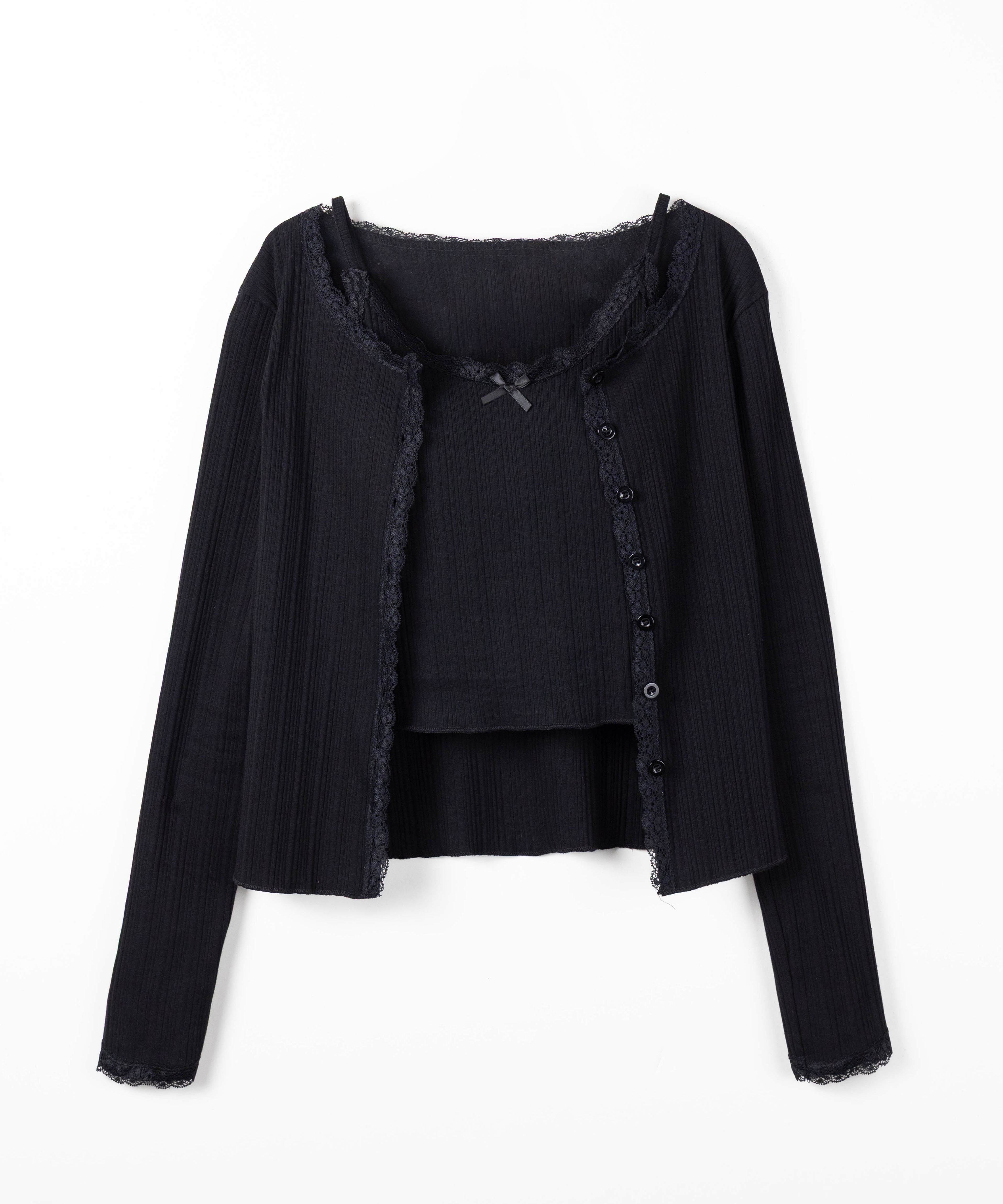 【 ２点セット 】フロントリボンレース切替リブキャミソール ＋ カーディガンセット ／front ribbon lace lib camisole + cardigan SET