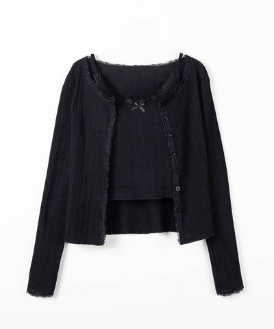 【 ２点セット 】フロントリボンレース切替リブキャミソール ＋ カーディガンセット ／front ribbon lace lib camisole + cardigan SET