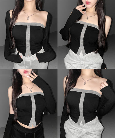 【 ２点セット 】バイカラーボタンベアトップス＆ショートカーディガン SET ／ bicolor button bare top & short cardigan SET