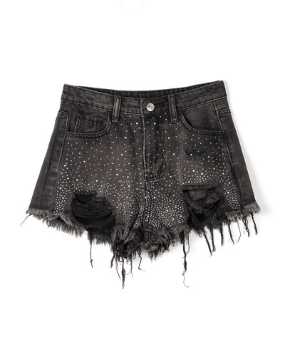 ラインストーンクラッシュダメージデニムショートパンツ／Rhinestone crash damage denim short pants