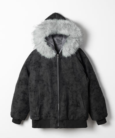ファーフードヴィンテージフェイクレザーオーバーブルゾン ／ fur hooded vintage fake leather over blouson