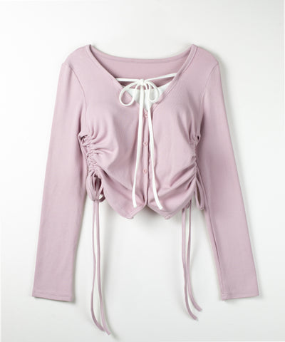 【 ３WAY 】レイヤード風シャーリングリボンリブトップス ／ fake layered shirring ribbon lib tops