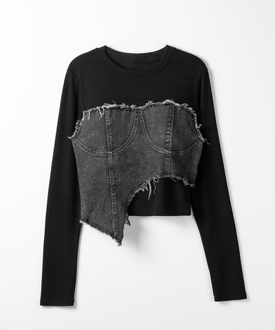 【 ２color 】ダメージデニムビスチェドッキングＴシャツ ／ damage denim bustier docking Tee