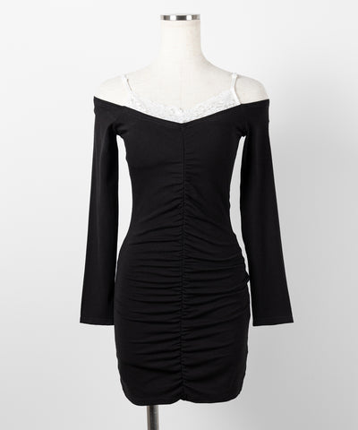 レースオフショルダーシャーリングタイトミニワンピース ／ Lace off-shoulder shirring tight mini onepiece