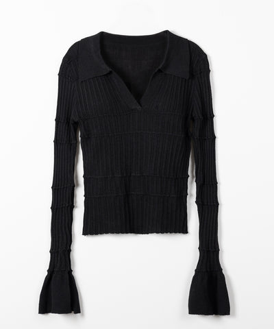 スキッパーネックスリムリブニットトップス ／ skipper neck slim rib knit tops