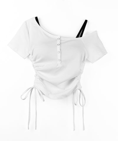 【 ２点セット 】ヘンリーネックサイドリボン半袖ぴちＴシャツ ／ Henley neck side ribbon short-sleeve pichi T-shirt