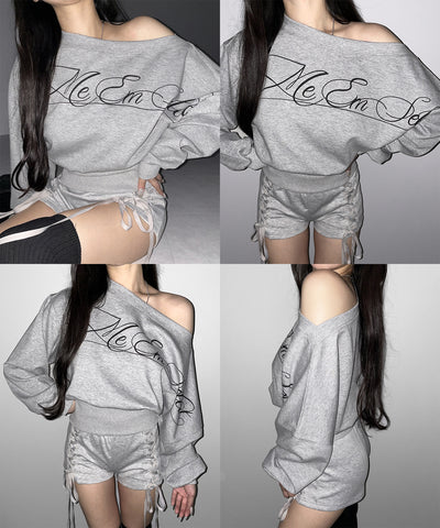 レタリングロゴワンショルショートスウェットライクトップス ／ lettering logo one-shoulder short sweatlike tops