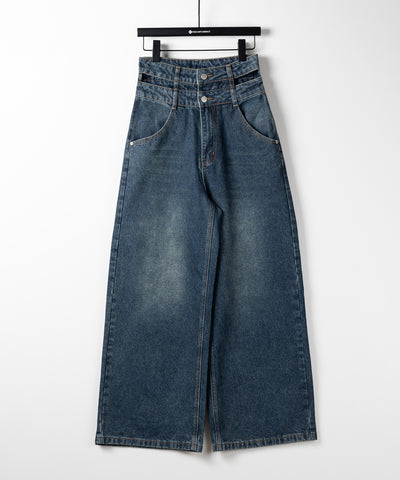 【２color ／４size 】カットアウトダブルハイウエストワイドデニム ／　cutout double high waist wide denim