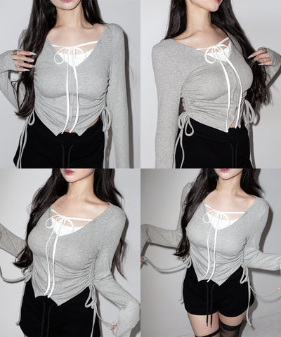 【 ３WAY 】レイヤード風シャーリングリボンリブトップス ／ fake layered shirring ribbon lib tops