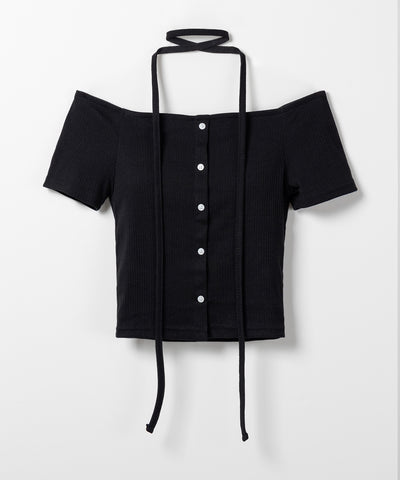 【 ２WAY 】ストラップリボンオフショルダーリブトップス ／ strap ribbon off shoulder rib tops