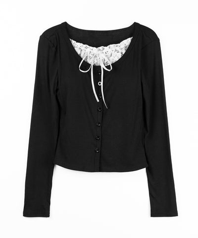 フロントリボンレースレイヤード長袖リブカーディガン ／front ribbon lace layered long-sleeve rib cardigan