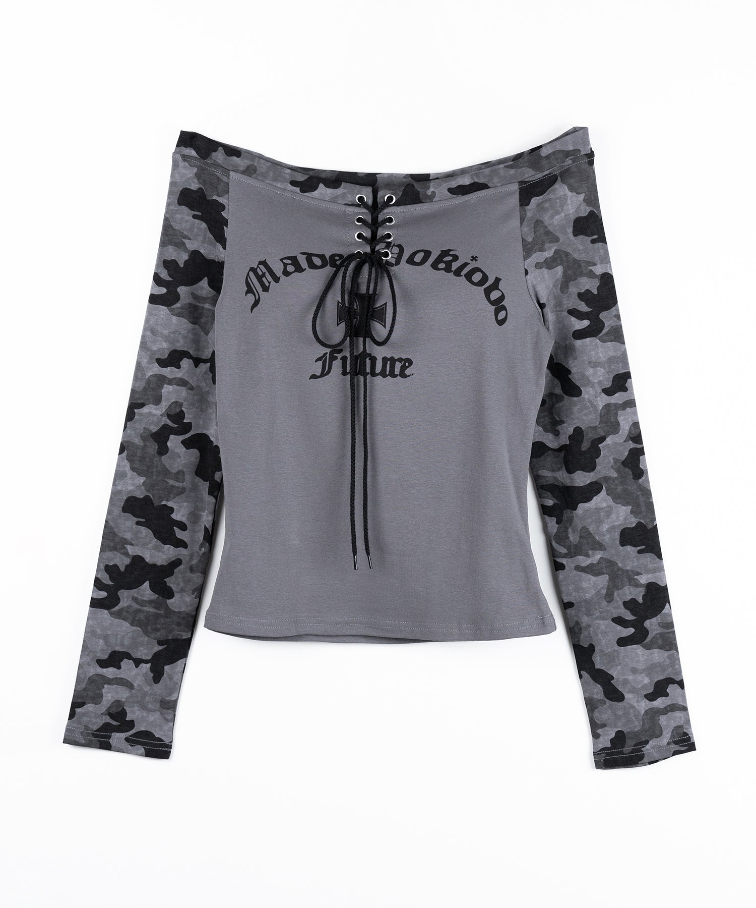 ヴィンテージカモフラロゴオフショルロンT ／vintage camouflage logo off-shoulder long-sleeve T-shirt