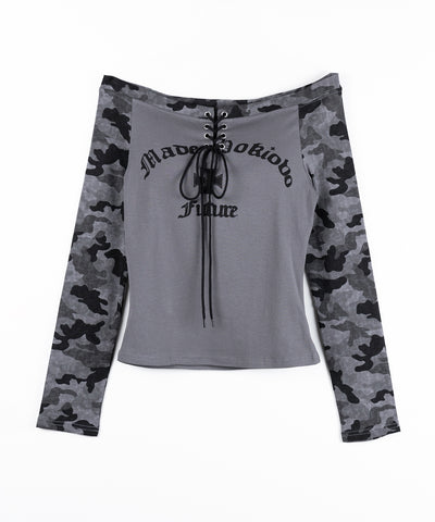 ヴィンテージカモフラロゴオフショルロンT ／vintage camouflage logo off-shoulder long-sleeve T-shirt