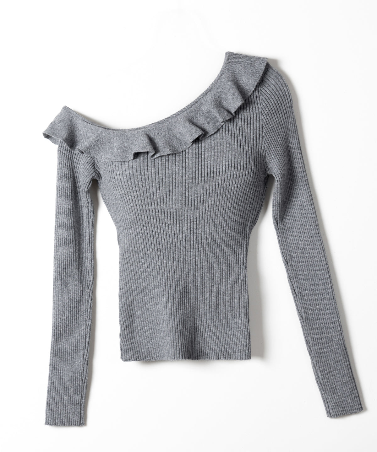 ワンショルフリルタイトリブニットトップス ／ one-shoulder frill tight rib knit tops