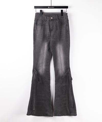 【 ２color ／ ４size 】ストラップリボンヴィンテージストレッチフレアデニム ／ strap ribbon vintage stretch flare denim