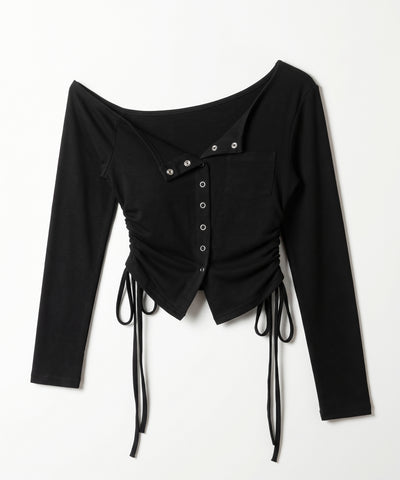 スナップボタンサイドシャーリング長袖ワンショルトップス ／ Snap button side shirring long-sleeved one-shoulder tops