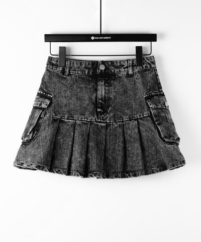 【 セットアップ着用可能 】ヴィンテージケミカルブリーチプリーツデニムミニスカート ／ vintage bleached pleated denim mini skirt