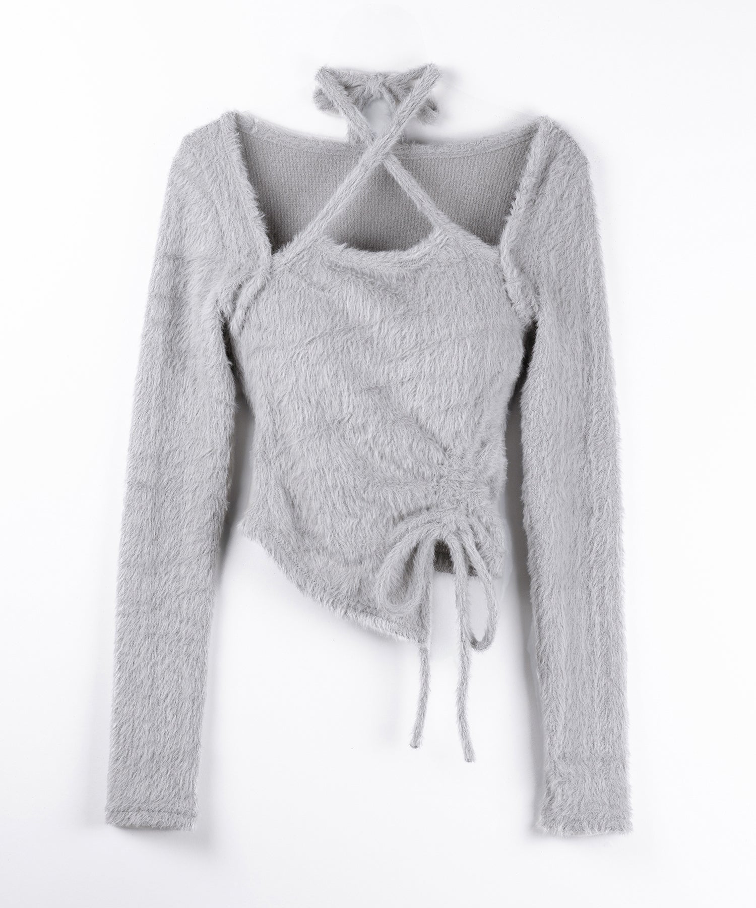 【 ３color 】クロスネックシャーリングリボンシャギートップス ／ cross neck shirring ribbon shaggy tops