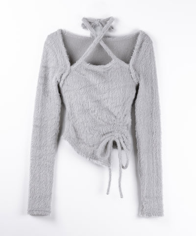 【 ３color 】クロスネックシャーリングリボンシャギートップス ／ cross neck shirring ribbon shaggy tops
