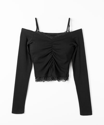 レースレイヤードギャザーオフショル長袖Ｔシャツ ／ lace layered gather off-shoulder long-sleeved T-shirts