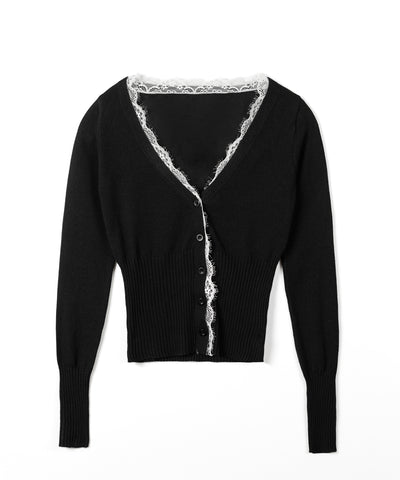 レースドッキングウエストリブ長袖ニットカーディガン ／ lace docking waist lib longsleeve knit cardigan