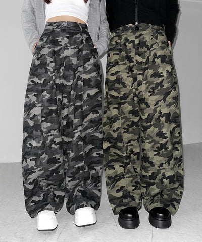【 ２color ／ ４size 】ダブルタックヴィンテージカモフラージュワイドパンツ ／ double tuck vintage camouflage wide pants