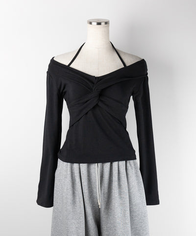 【 ２color 】クロスギャザーオフショルカットソートップス ／ cross gather off shoulder cutsew tops