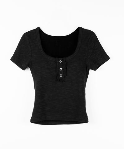 スクエアヘンリーネック半袖ピチＴシャツ ／square henley neck short sleeve pichi T-Shirt