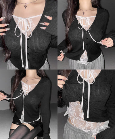 フロントリボンレースレイヤードリブニットカーディガン ／ front ribbon lace layered lib knit cardigan
