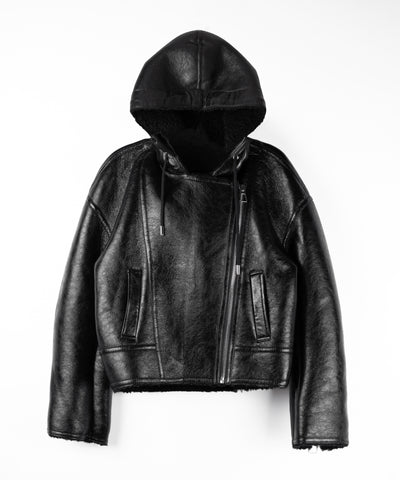 ヴィンテージレザーフーディボアムートンジャケット ／ vintage leather hoodie boa mouton jacket