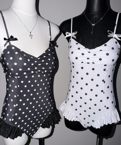 【 レディース水着 】ドットリボンフリルワンピース水着 ／ Dot ribbon frill onepiece swimwear