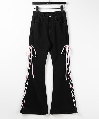 サテンリボンレースアップカットアウトストレッチフレアデニム ／ satin ribbon laceup cutout stretch flare denim